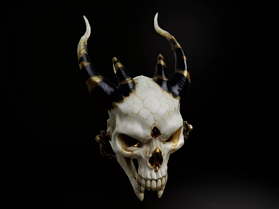 Decorative Skull Ornament Piece With Black Gold Horns And Intricate Design 3d model