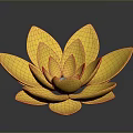 Golden Metallic Lotus Shaped Decorative Piece With Blue Patterns On Black Background And Reflection