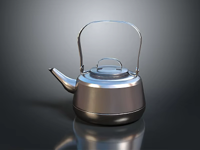 Sleek Modern Stainless Steel Tea Kettle with Handle and Spout on Black Reflective Surface 3d model