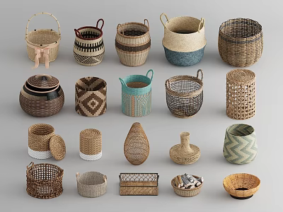 Assorted Woven Storage Baskets with Various Shapes Handles and Decorative Patterns 3d model