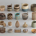Assorted Woven Storage Baskets with Various Shapes Handles and Decorative Patterns