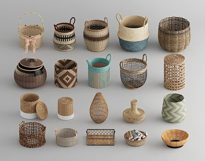 Assorted Woven Storage Baskets with Various Shapes Handles and Decorative Patterns 3d model