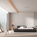Modern Minimalist Bedroom Interior With Large Window Gray Wall Black Bed And Wooden Floor