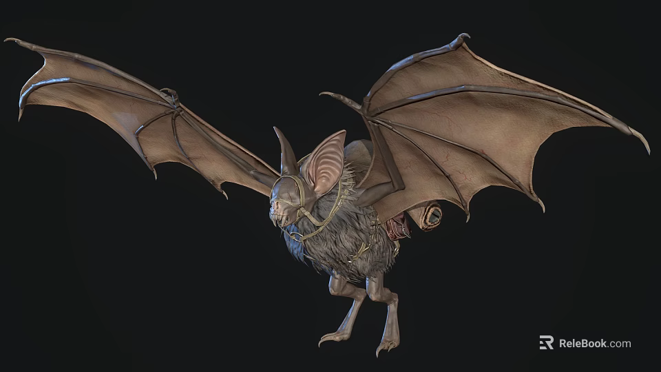 Detailed 3D Model of Fantasy Winged Creature With Fur Large Ears And Textured Wings 3d model 