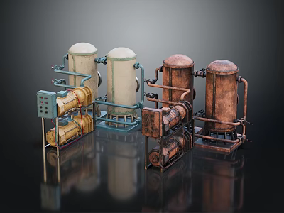 Industrial Mechanical Devices With White Copper Cylindrical Tanks And Pipes 3d model