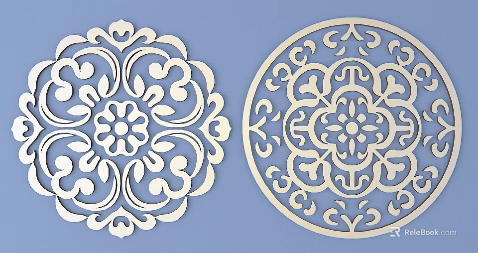 Intricate White Circular Carved Patterns With Decorative Floral Designs On Blue Background 3d model
