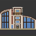Cartoon Scene Block House Model with Red Roof White Walls Balcony and Windows