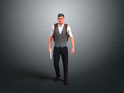 Man In Gray Vest White Shirt With Black Pants Backpack Holding Document Standing 3d model