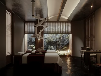 Relaxing SPA Sauna Interior With Massage Beds Bamboo Screens And Natural Garden View 3d model