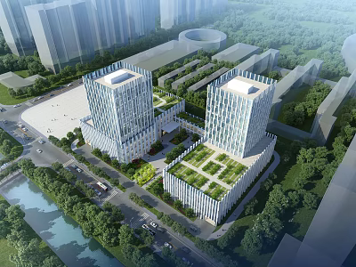 Modern Twin Office Towers With Green Roofs And Riverside Landscaped Surroundings 3d model