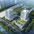 Modern Twin Office Towers With Green Roofs And Riverside Landscaped Surroundings