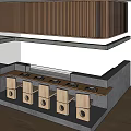 Sleek Modern Bar Counter With Wooden Slatted Backdrop And Wooden Cabinets