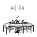 Modern Round Dining Table Set with Stylish Chairs and Decorative Vase Pendant Light 3d model