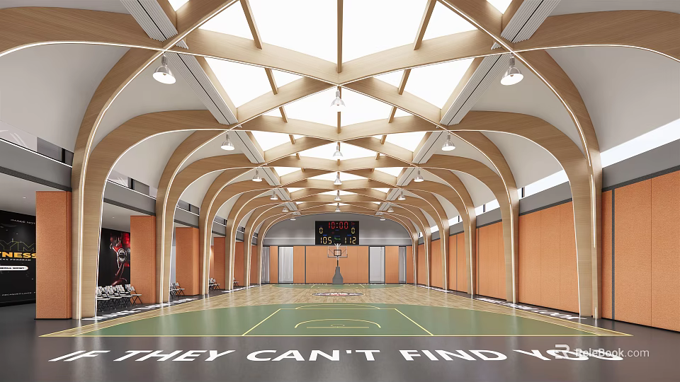 Indoor Basketball Court Featuring Arched Wooden Roof Skylights Scoreboard Wooden Panel Walls And Green Floor 3d model 