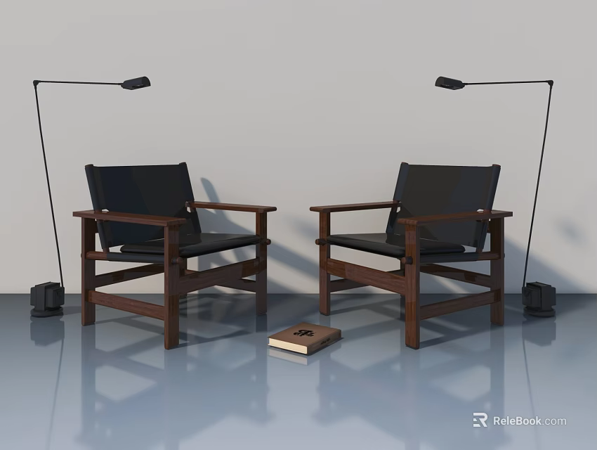 Swing Door In Contemporary Room With Black Chairs Floor Lamps And Book 3d model 