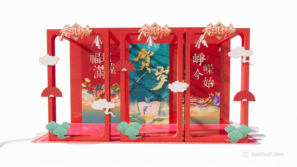 Traditional Chinese New Year Decoration With Red Frame Calligraphy Characters Fu And Cloud Ornaments 3d model 