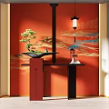Japanese Style Console Table Interior With Red Wall Bonsai Hanging Lantern And Shelves