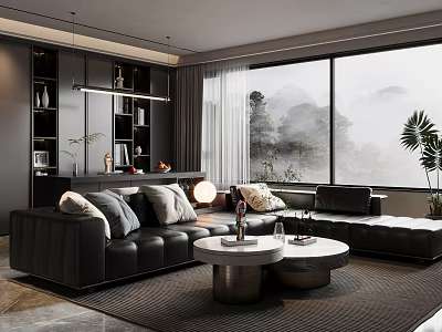 Modern Living Room With Black Leather Sofa Round Coffee Tables Large Windows And Mountain View 3d model