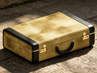 Vintage Golden Suitcase With Black Trim Metal Clasps And Black Handle On Stone Pavement 3d model