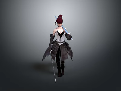 Woman with red hair in warrior outfit holding sword walking steadily forward 3d model