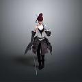 Woman with red hair in warrior outfit holding sword walking steadily forward