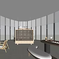 Modern Tea House Interior Design With Large Windows Wooden Furniture And Curved Sofa