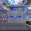 Modern Tech Inspired Bar Interior With Blue Lighting Illuminated Decorations Reception Counter And Female Bartender