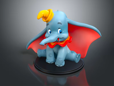 Cute Blue Elephant Doll with Yellow Hat and Red Ears on Black Base 3d model