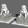 Pair of Sitting Stone Lion Statues as Garden Ornaments with Ornate Pedestals