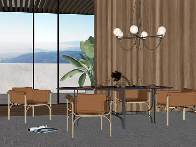 Contemporary Dining Table Set With Brown Chairs Green Plant And Chandelier By Large Window 3d model