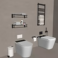 Modern White Toilet with Wall Shelves Towels Toiletries and Metal Towel Rack