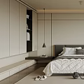 Modern Bedroom Interior With Gray Headboard Large Bed White Quilt Floor-to-ceiling Window And Green Plants
