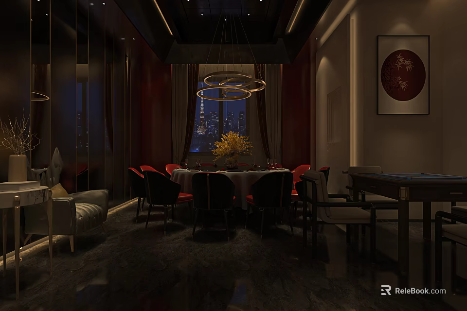 Elegant Private Room Interior With Dining Table Chandelier And Decorative Sofa 3d model