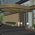 Modern Building Entrance Gate with Curved Canopy Glass Curtain Wall and Green Plants