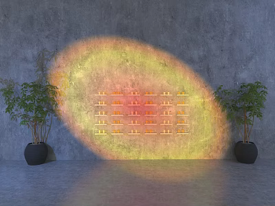 Gray Wall With Yellow Red Light Projection Arranged Items And Green Plants In Black Pots 3d model