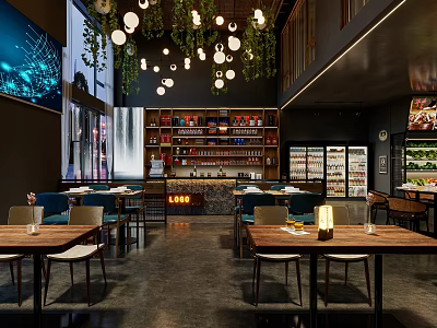 Modern Restaurant Interior With Hanging Pendant Lights Green Plants Wooden Tables And Product Shelves 3d model