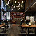 Modern Restaurant Interior With Hanging Pendant Lights Green Plants Wooden Tables And Product Shelves