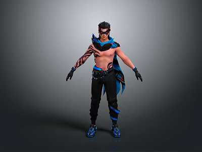 Shirtless Male Character With Intricate Tattoos Black Gloves Black Pants Blue Shoes And Blue Accents 3d model