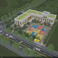 Modern School Building with Green Roof and Colorful Playground Area Surrounded by Trees Near Road