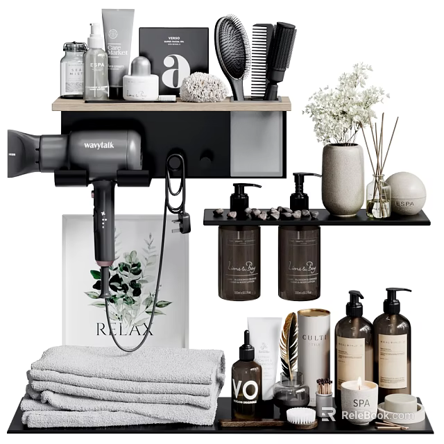 Bathroom Shelves Organized With Daily Care Products Hair Dryer Towels And Relax Print 3d model 