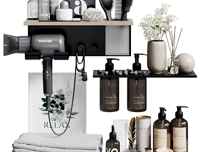 Bathroom Shelves Organized With Daily Care Products Hair Dryer Towels And Relax Print 3d model