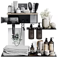 Bathroom Shelves Organized With Daily Care Products Hair Dryer Towels And Relax Print