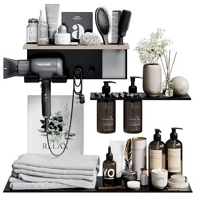 Bathroom Shelves Organized With Daily Care Products Hair Dryer Towels And Relax Print 3d model