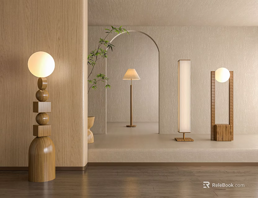 Multiple Modern Floor Lamps With Wooden Bases Spherical Shades And Cylindrical Designs In Interior 3d model 