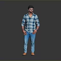 A Man In Blue And White Plaid Shirt Blue Pants Brown Shoes On Gray Background