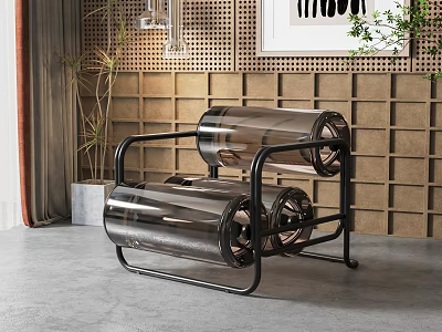 Modern Metal Frame Single Chair Featuring Cylindrical Seat And Backrest Wooden Wall Green Plant 3d model