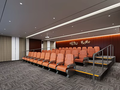 Cinema Interior Design With Modern Comfortable Orange Seats And Spacious Layout For Movie Viewing Experience 3d model
