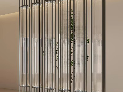 Modern Interior Glass Room Divider With Metal Frame And Green Climbing Vines 3d model