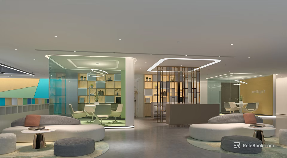 Modern Lounge Area Interior With Comfortable Seating Shelves And Soft Lighting 3d model