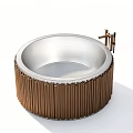 Modern Round Washbasin Featuring Brown Vertical Stripes And Silver Interior With Faucet